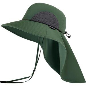 Unisex Green 100% Polyester Wide Brim Mesh Vent With Neck Flap Classic Beach Hat